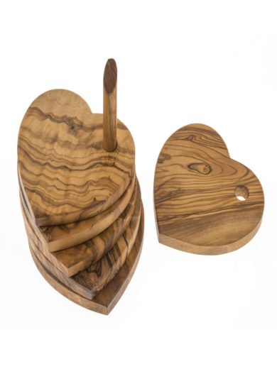 Cretan Knives Skalidakis Olive Wood Heart Shaped Coaster Set Cretan Knives Skalidakis Olive Wood Heart Shaped Coaster Set